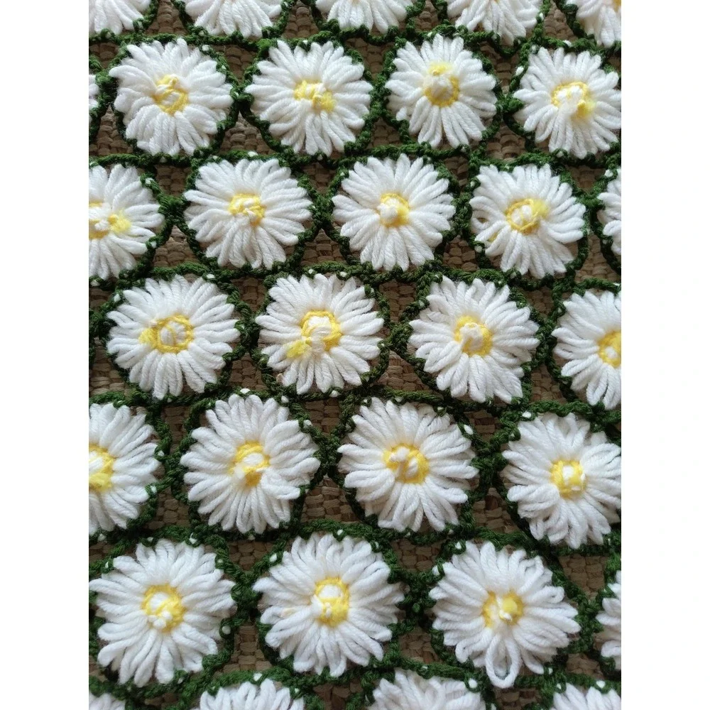 Vintage 70s crazy daisy handmade throw blanket spring colors afghan yellow flora